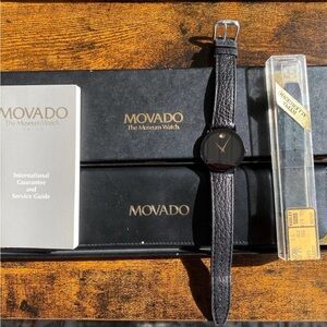 Movado Black and Gold Museum Watch with Textured Strap
